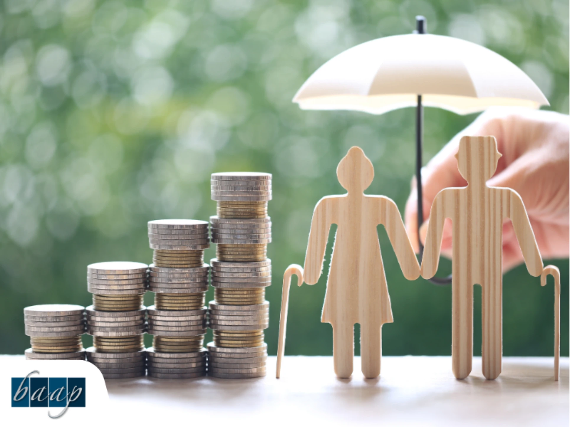 Small business retirement savings with senior figures and umbrella symbolizing financial security